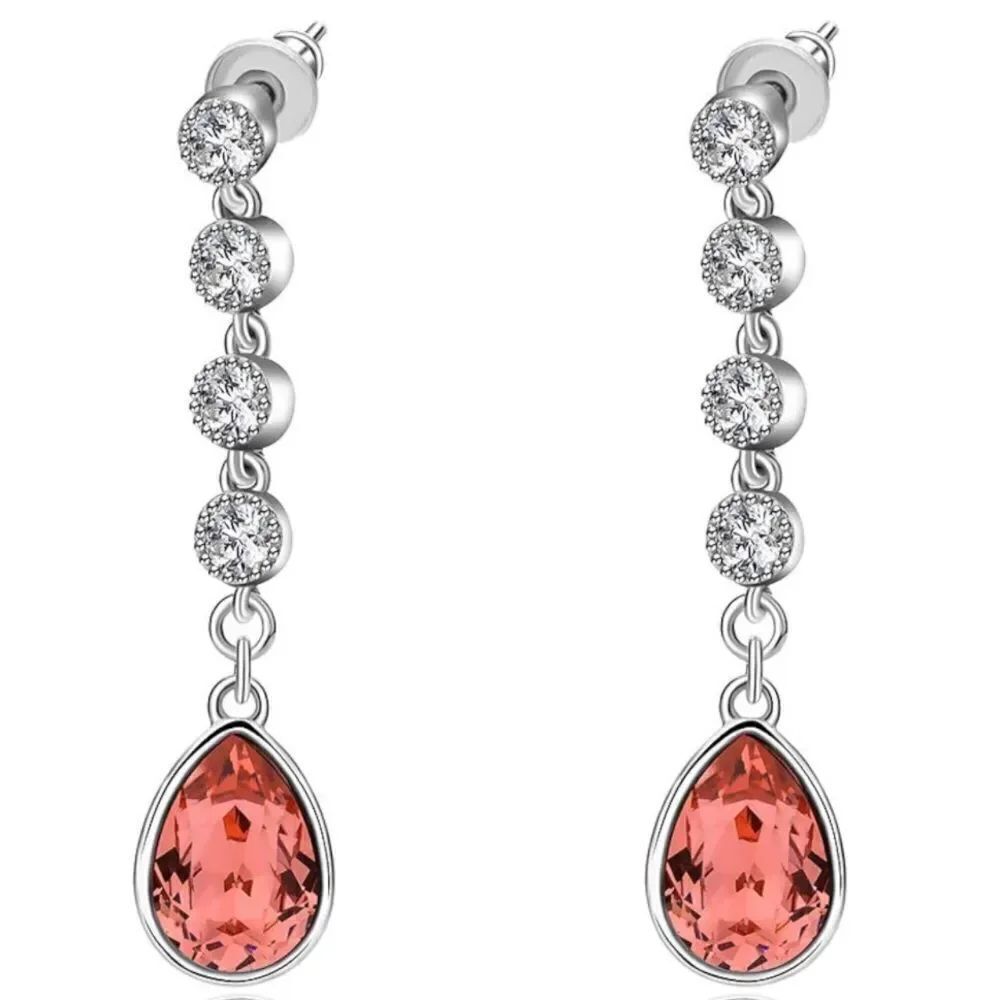 14K White Gold with Rose Peach and Diamond Swarovski Crystal Post Back Earrings